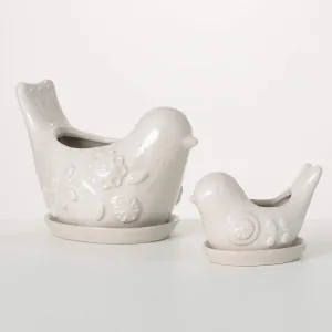 7.5"H Sullivans Raised Floral Bird Planter Set of 2, White