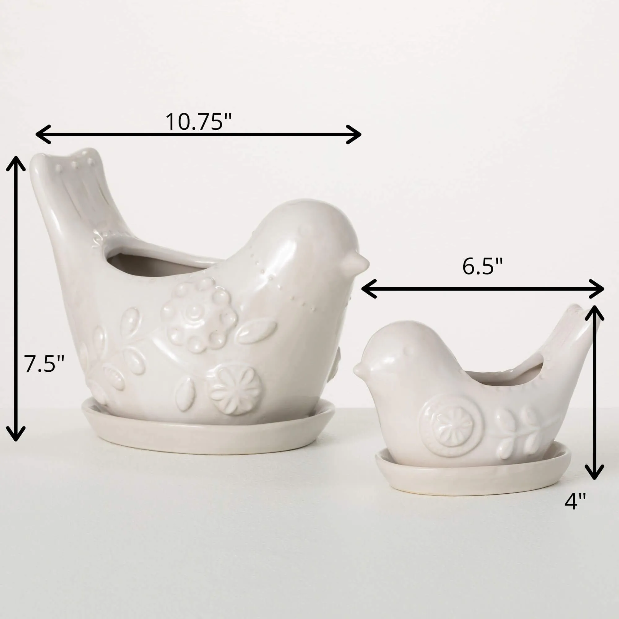 7.5"H Sullivans Raised Floral Bird Planter Set of 2, White