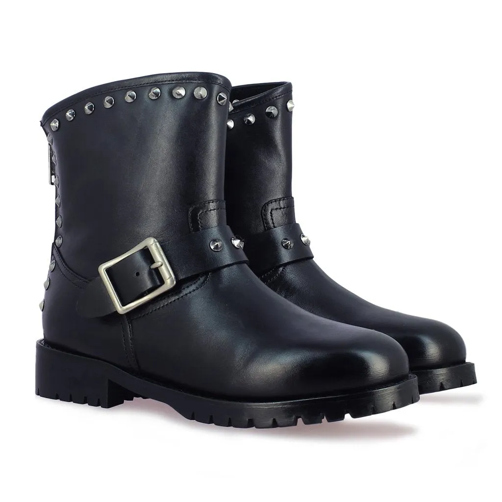 Adelina Metal Studded Black Leather Ankle Boots