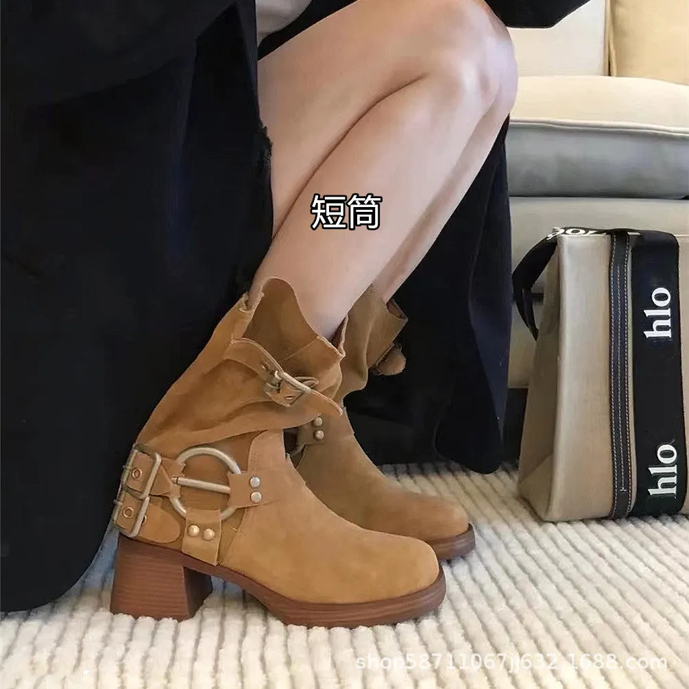 Breathable Thin and Brown Boots Women's Boots  New Thick Bottom Pile Style Boots Thick Heel Western Denim Thigh High Boots