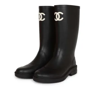 Chanel Elegant High-Top Black Caoutchouc Boots with CC Detail, Size 38