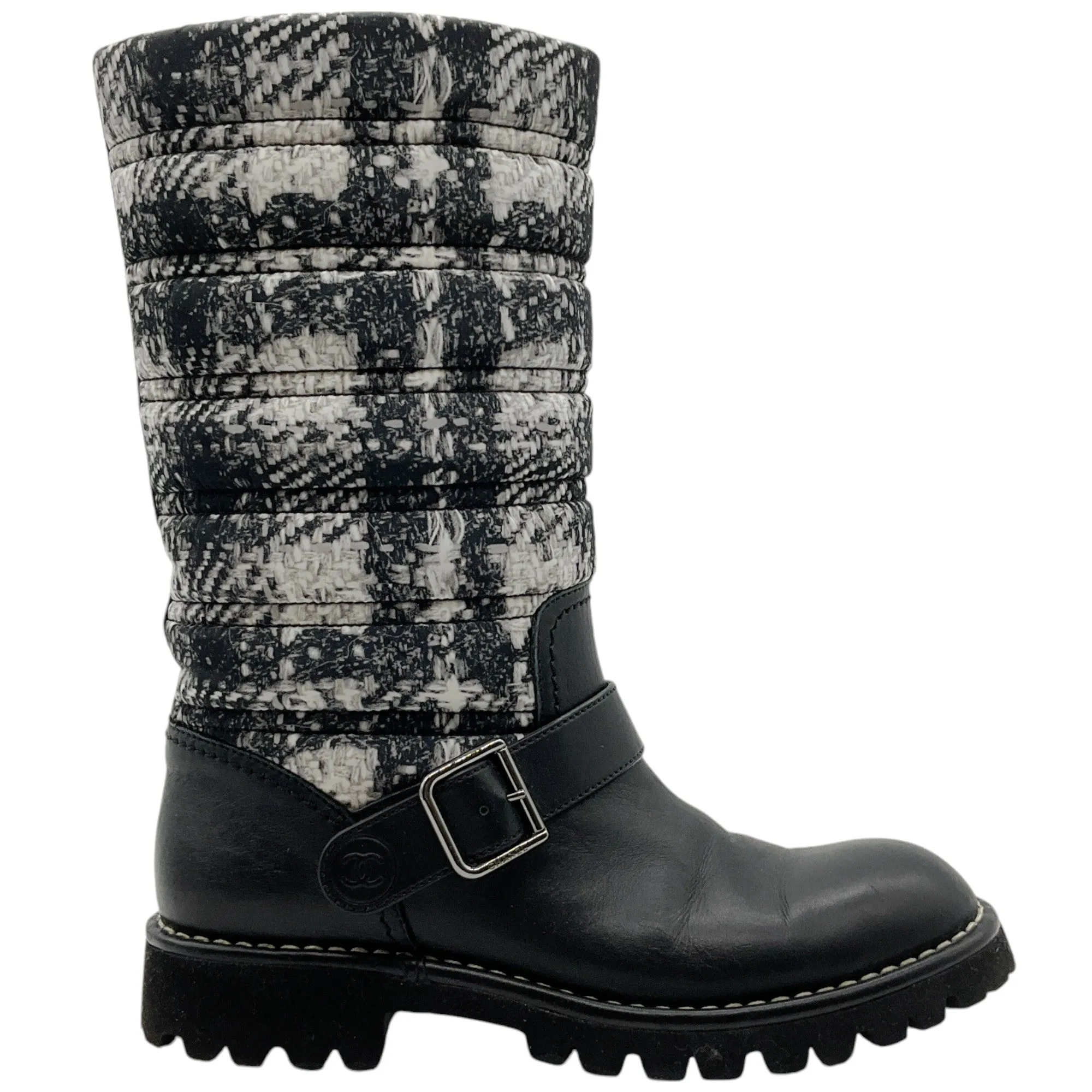 Chanel Black Leather and Tweed Printed Boots