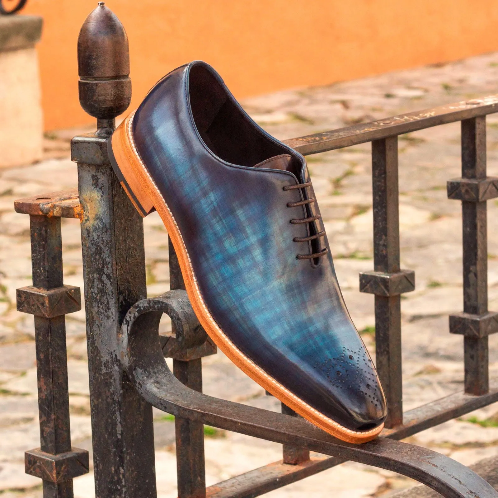 DapperFam Giuliano in Denim / Brown Men's Hand-Painted Patina Whole Cut