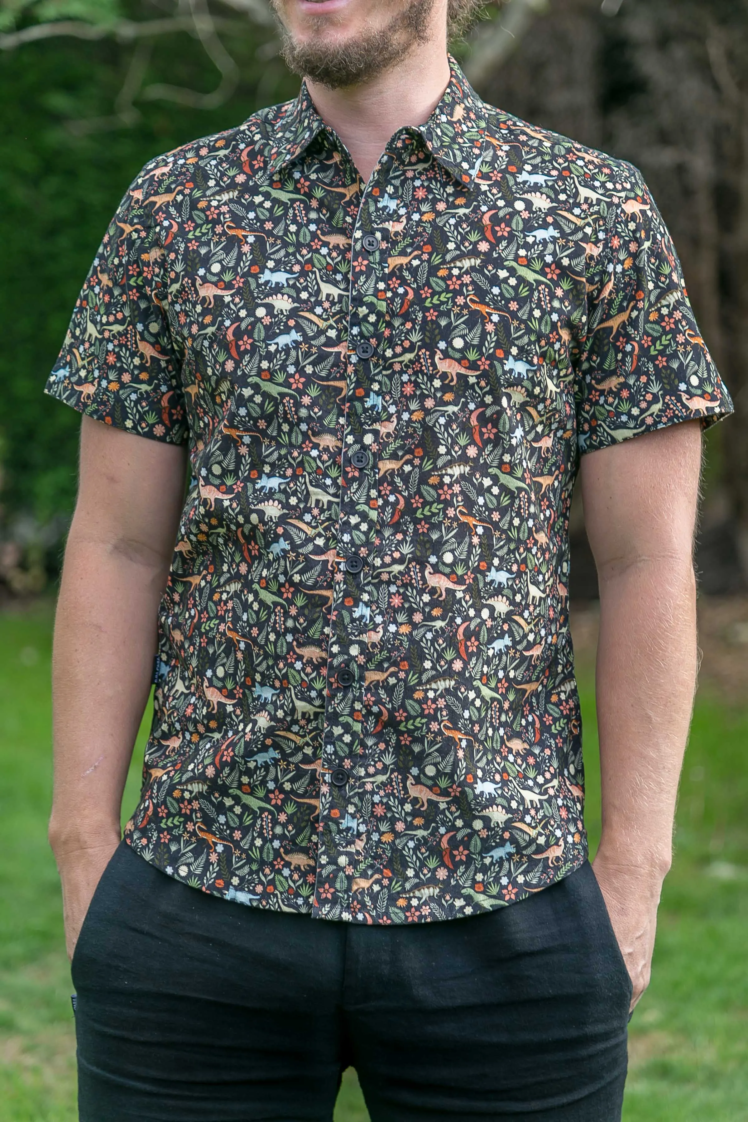 Dinosaur Floral Cotton Slim Fit Mens Shirt Short Sleeve