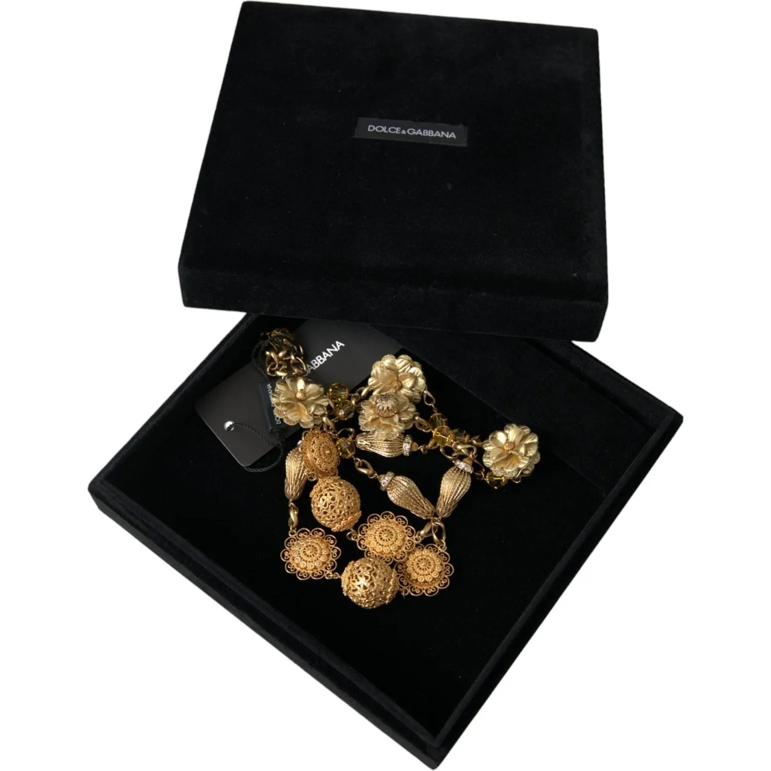 Dolce & Gabbana Crystal Flower Filigree Gold Brass Statement Necklace