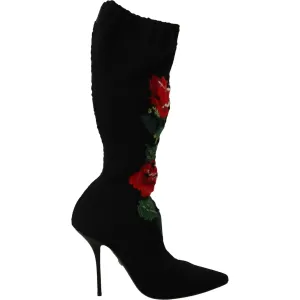 Dolce & Gabbana Elegant Sock Boots with Red Roses Detail