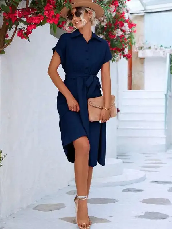 Elegant Casual Button Shirt Waist Tie Dress