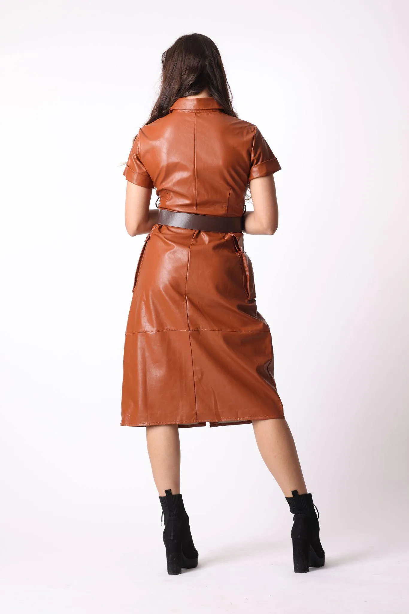 Faux Leather Midi Dress in Brown