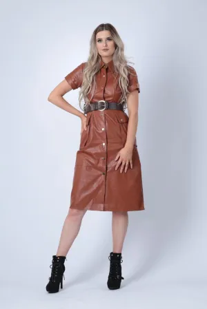 Faux Leather Midi Dress in Brown