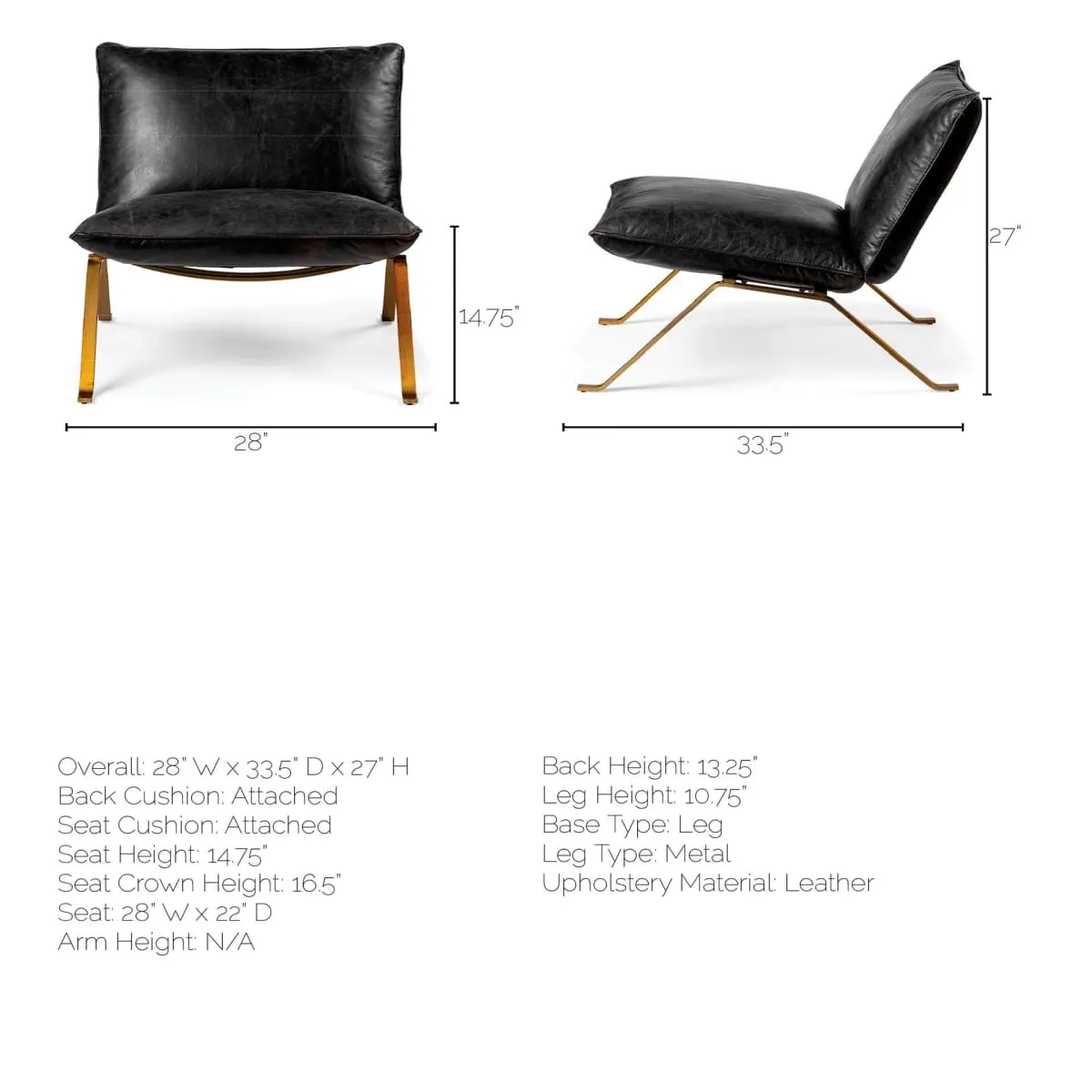 Flavelle Accent Chair Black Leather | Gold Iron