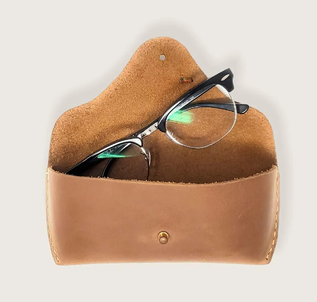 Genuine Leather Eyeglasses & Sunglasses Case with Button Closure Light Brown