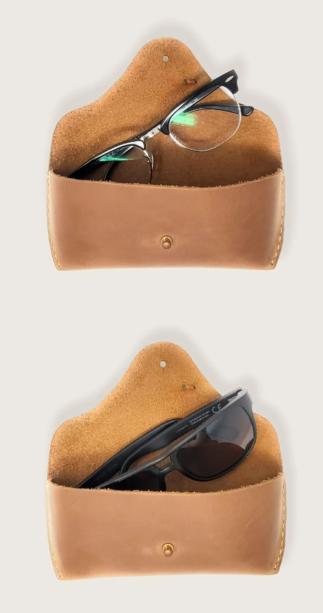 Genuine Leather Eyeglasses & Sunglasses Case with Button Closure Light Brown