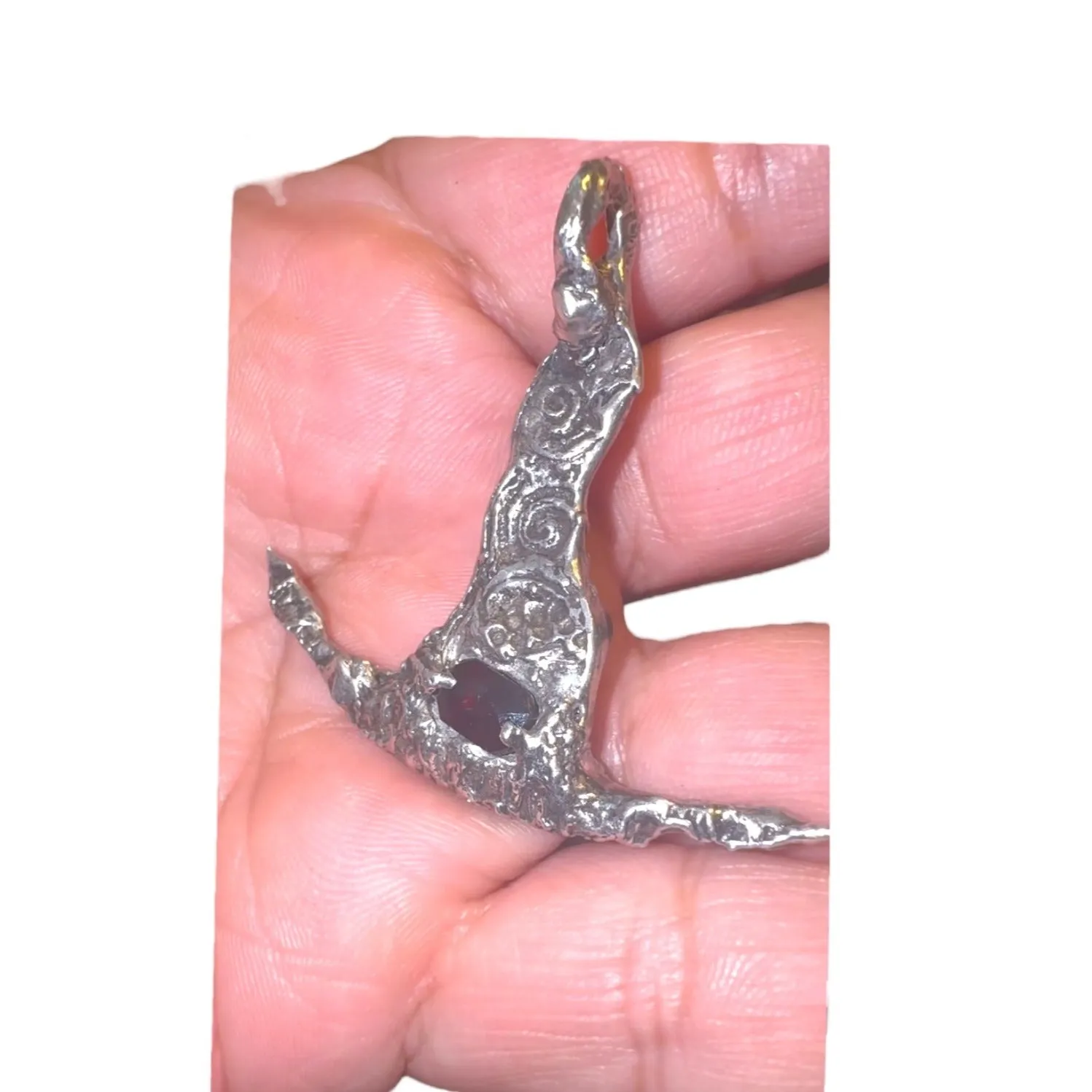 Hand Crafted Silver Blend Witches Hat With Garnet & Adjustable Leather Necklace