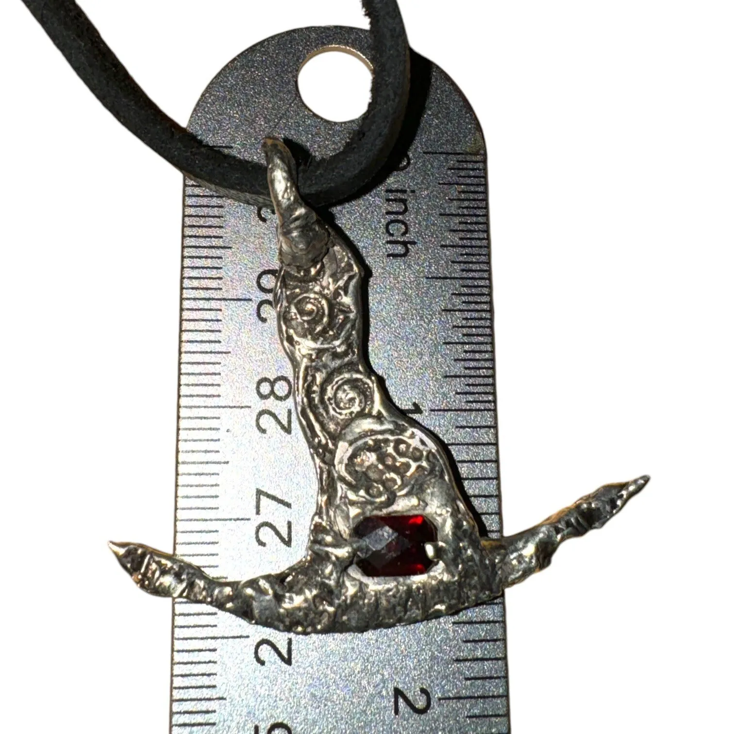 Hand Crafted Silver Blend Witches Hat With Garnet & Adjustable Leather Necklace