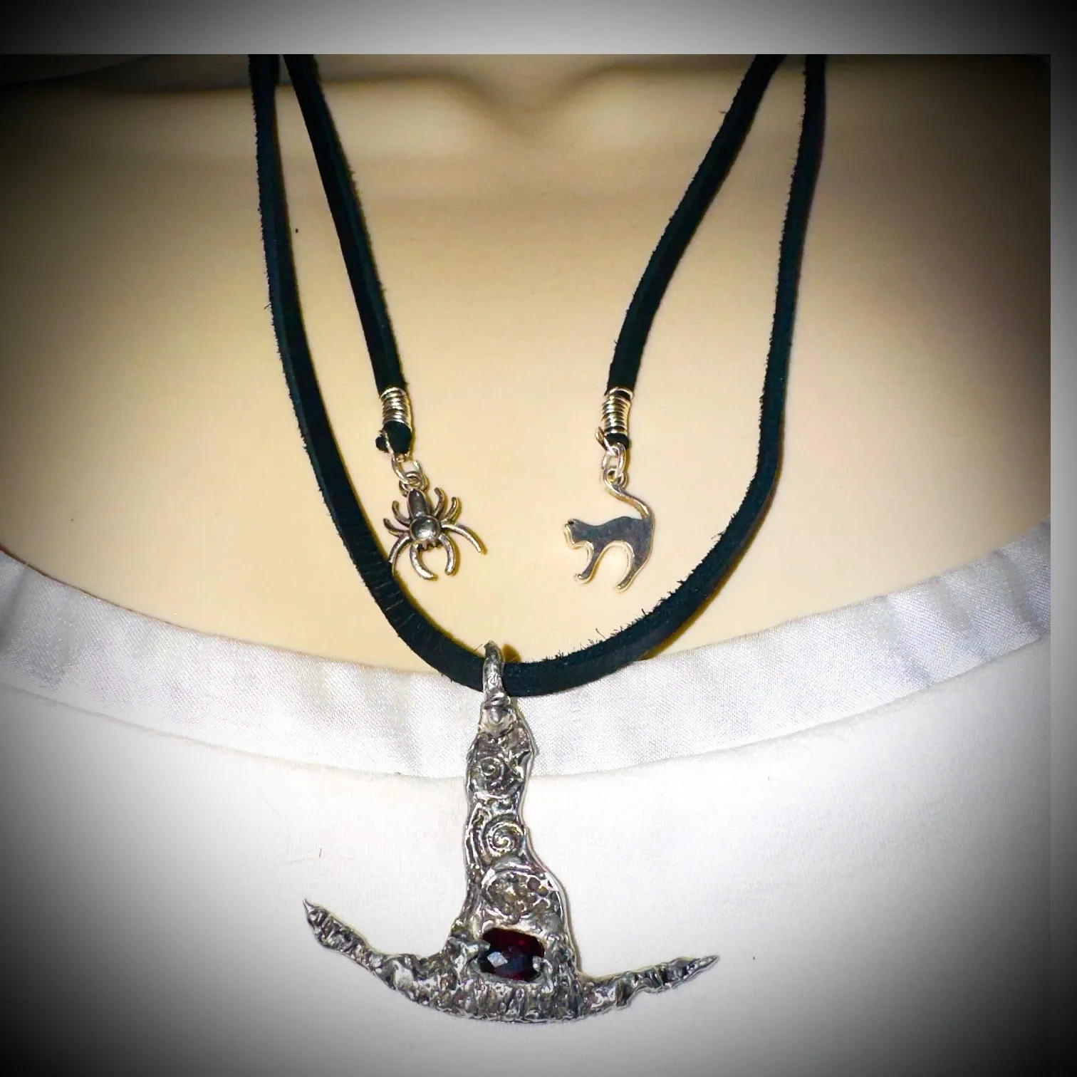 Hand Crafted Silver Blend Witches Hat With Garnet & Adjustable Leather Necklace