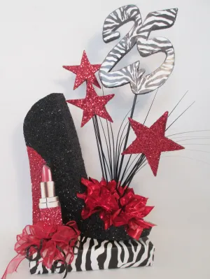 High Heel Shoe Centerpiece with Lipstick, Stars & Optional Print