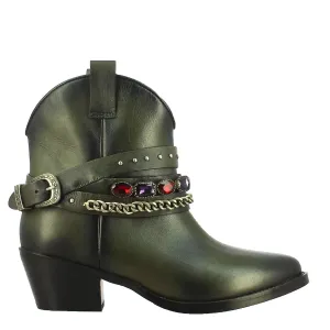 Louanne Olive Leather Rhinestone Studded Décor Boots