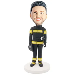 Male Firefighter In Black And Yellow Fire Suit Custom Figure Bobblehead