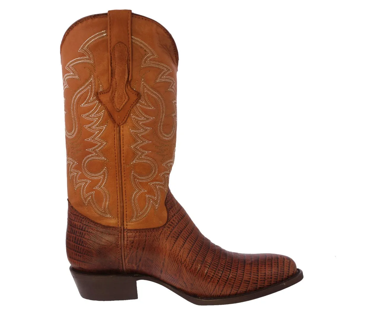 Mens Cognac Teju Lizard Print Leather Cowboy Boots Round Toe