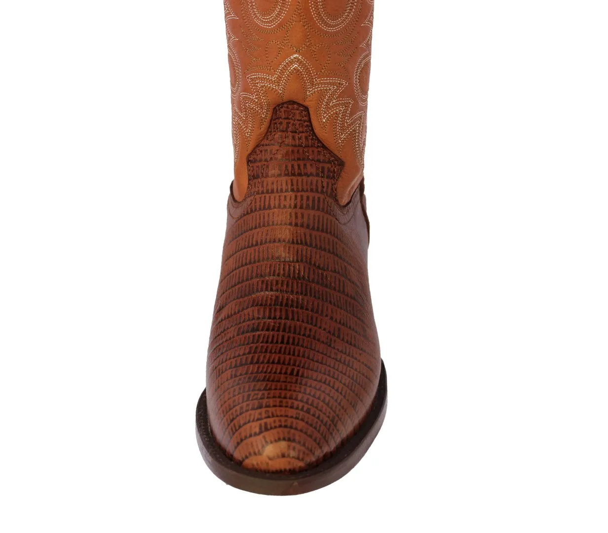 Mens Cognac Teju Lizard Print Leather Cowboy Boots Round Toe