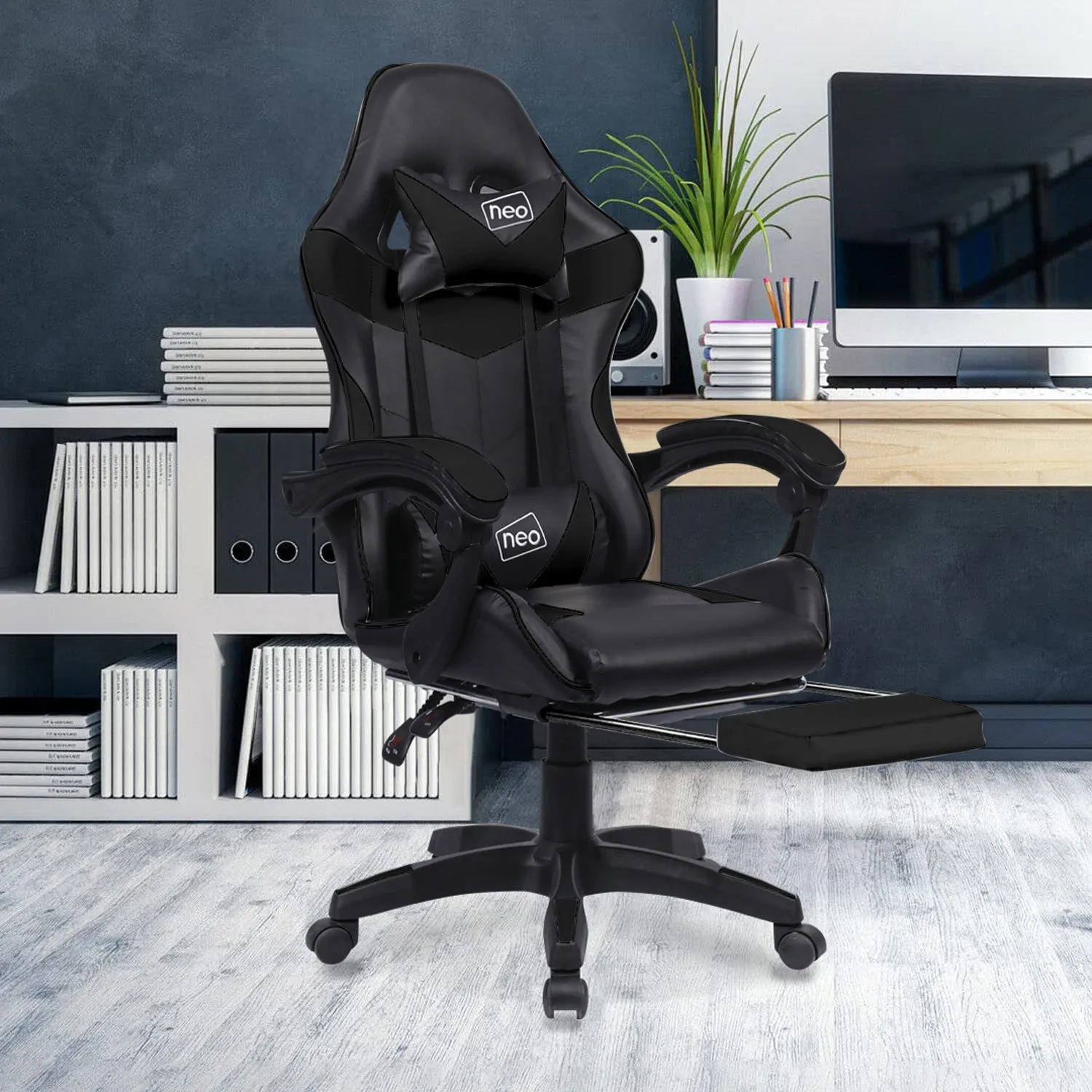 Neo Black Massage Leather Gaming Chair with Footrest