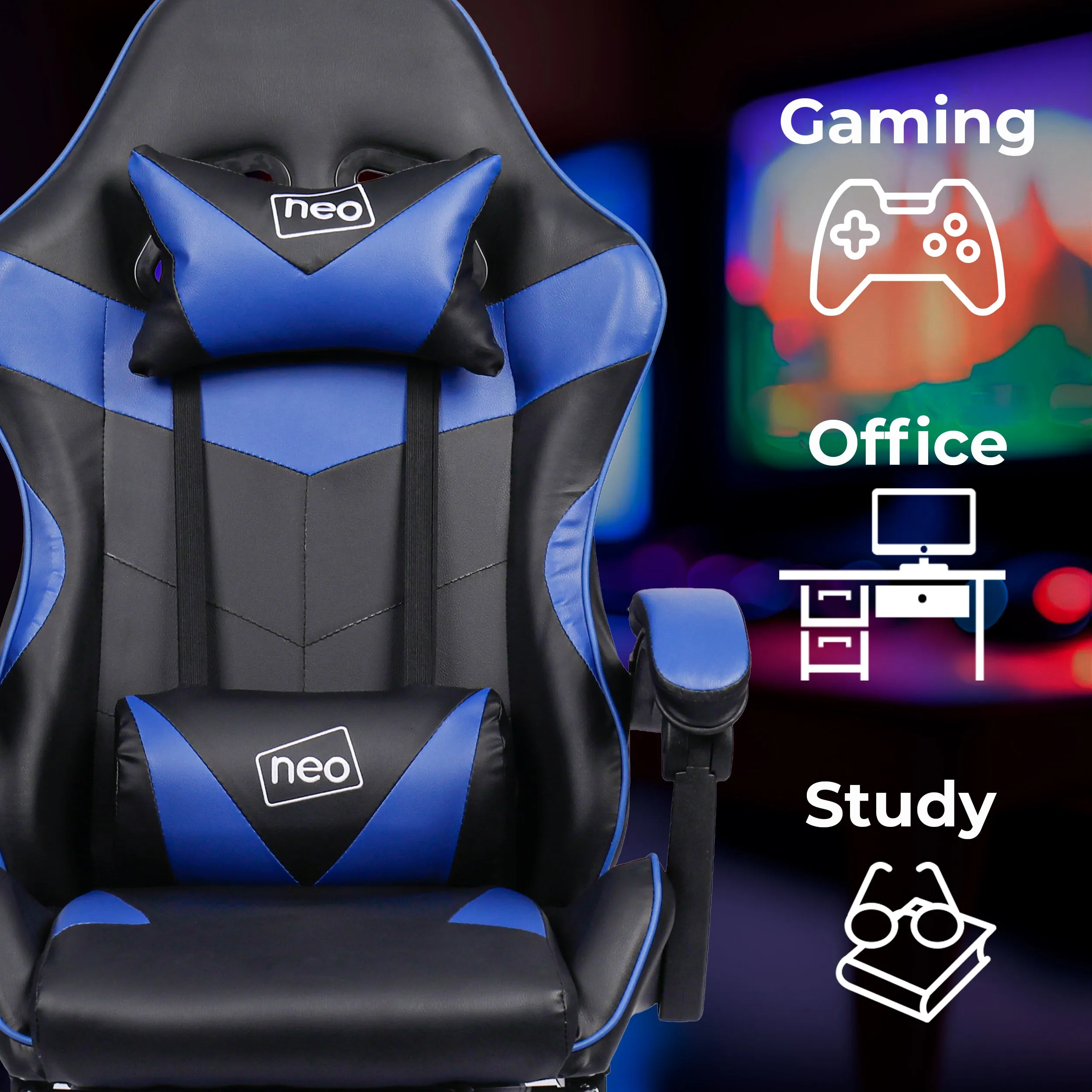 Neo Blue/Black Massage Leather Gaming Chair With Footrest