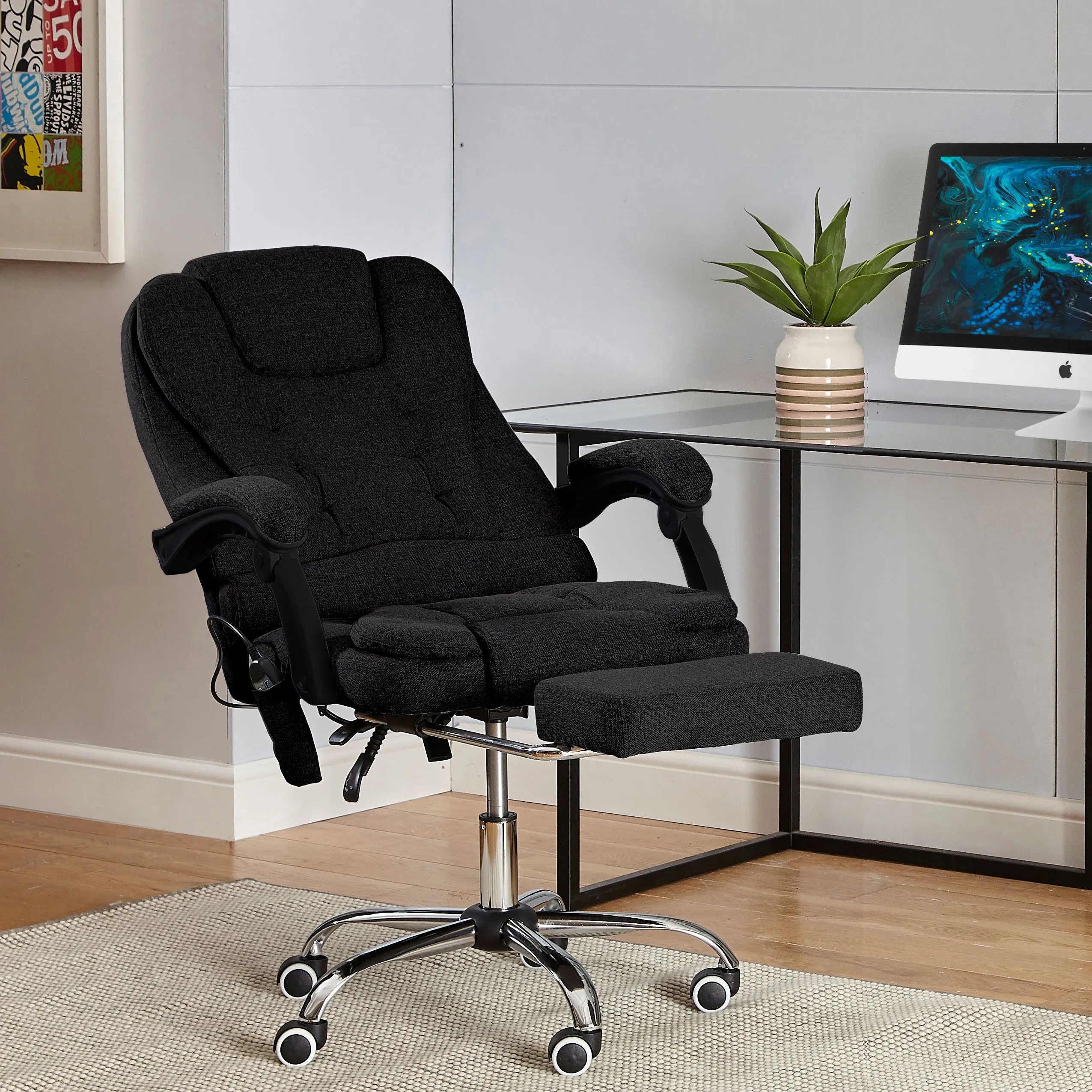 Neo Direct Black Fabric Office Recliner Chair With Footrest & Massage Function