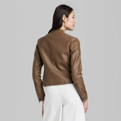 New - Women's Faux Leather Racing Jacket - Wild Fable Brown M