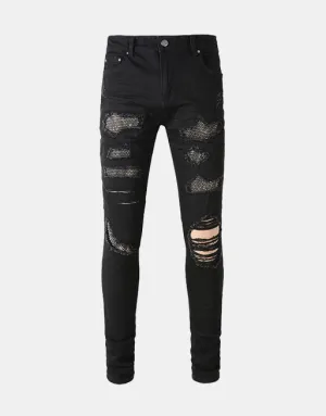 Obsidian Distressed Rhinestone Slim Black Jeans