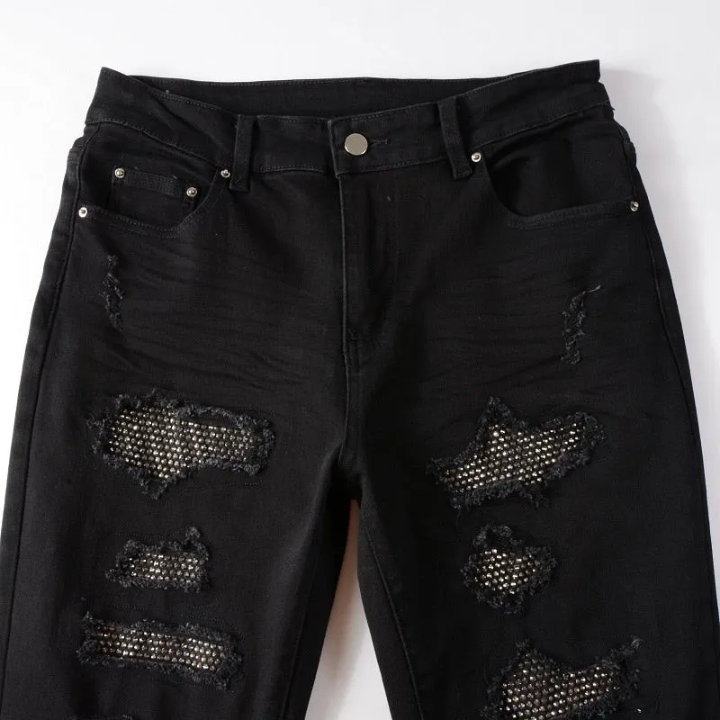 Obsidian Distressed Rhinestone Slim Black Jeans