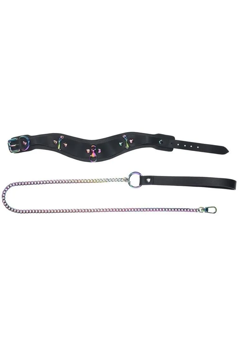 Ouch! Venice Leather Collar and Leash with rainbow hardware