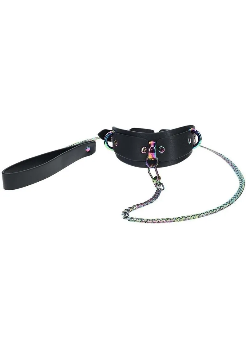 Ouch! Venice Leather Collar and Leash with rainbow hardware