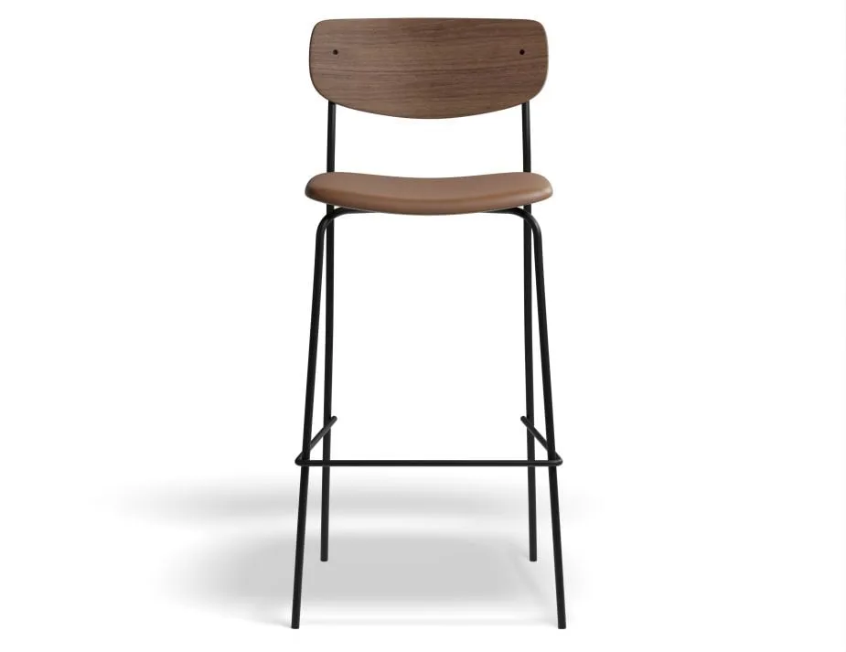 Rylie Stool - Padded Seat with Walnut Backrest - 75cm Bar Height - Grey Vegan Leather Seat