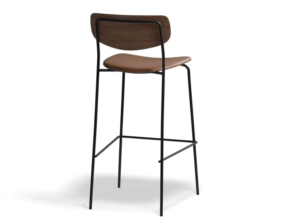 Rylie Stool - Padded Seat with Walnut Backrest - 75cm Bar Height - Grey Vegan Leather Seat