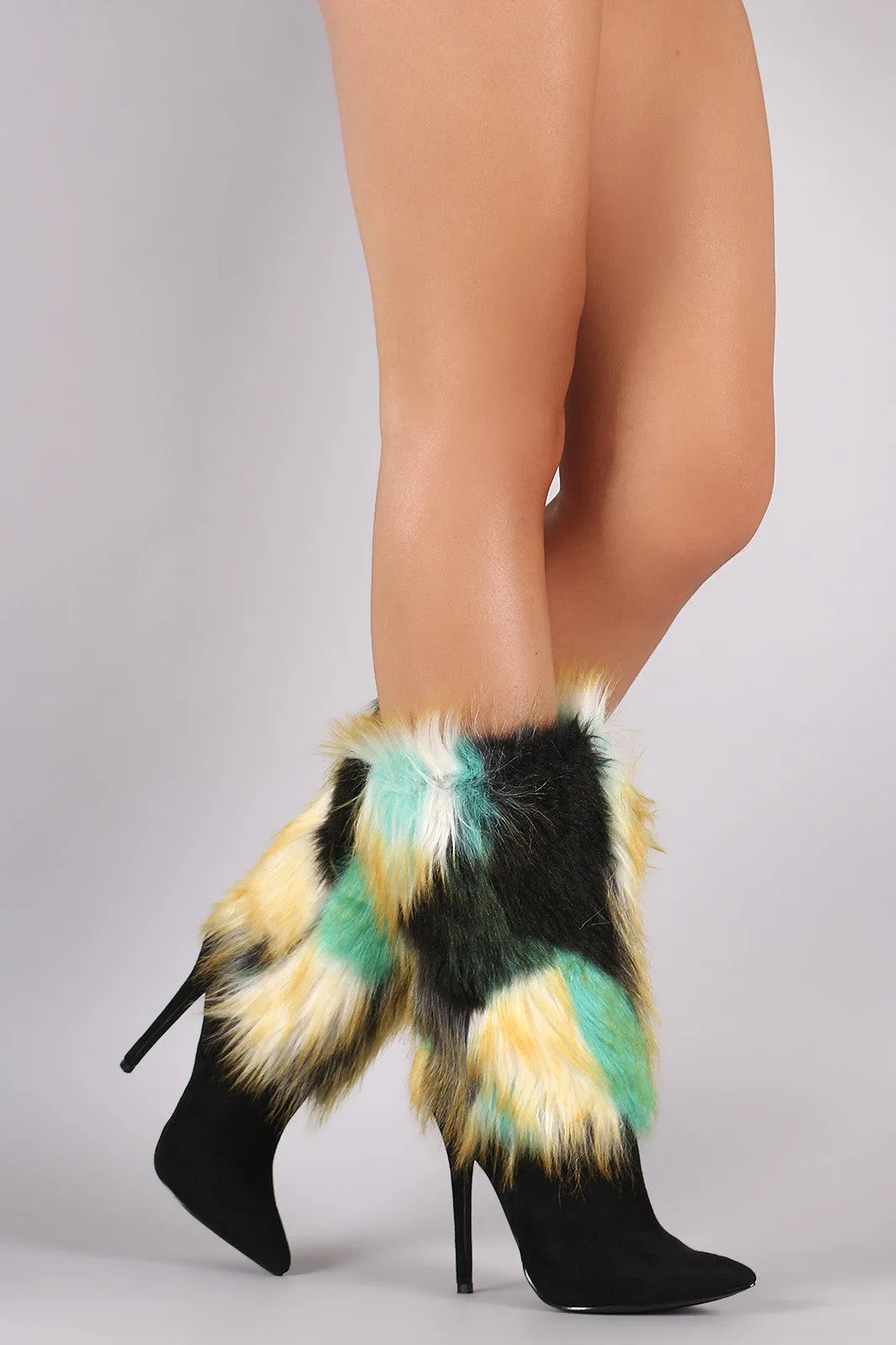 Shoe Republic LA Suede Multicolor Fur Pointy Toe Stiletto Boots