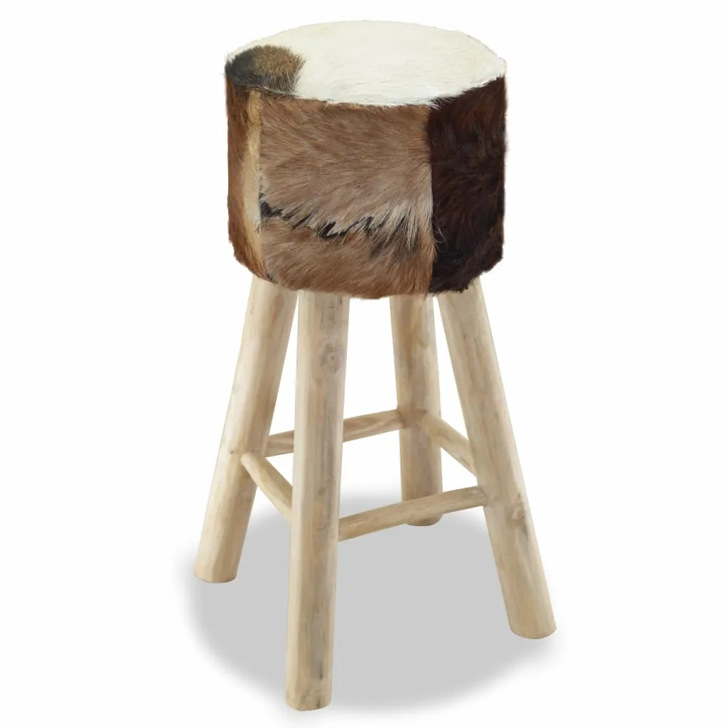 vidaXL Bar Stool Real Leather and Solid Teak Wood