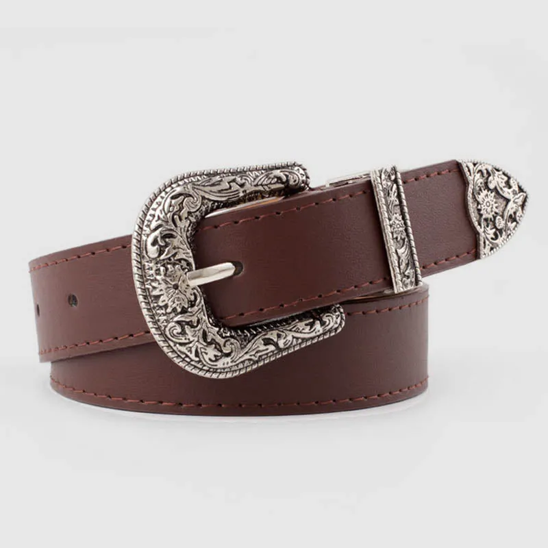 Wisherryy Western Vintage Carved Buckle Basic Belt