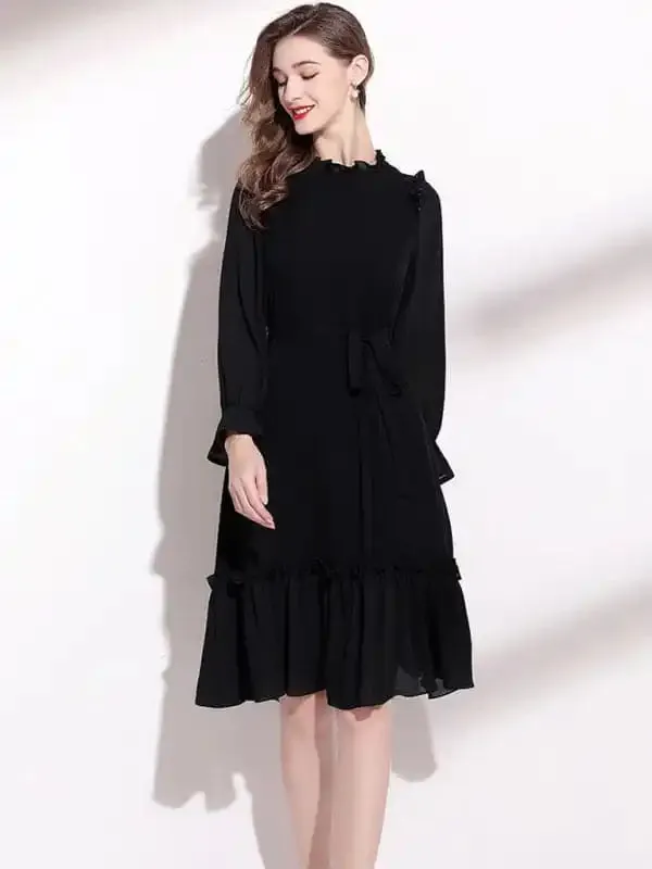 Women’s Long Sleeve Fungus Belted Dress