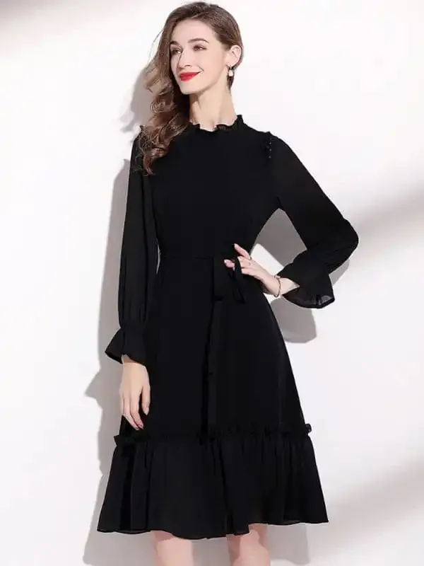 Women’s Long Sleeve Fungus Belted Dress