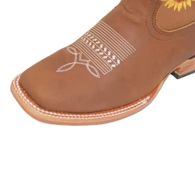 Women’s Wild Sunflower Embroidered Square Toe Leather Cowgirl Boot