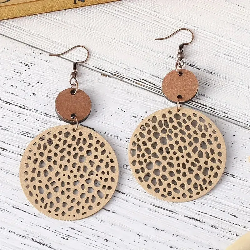 Wood Circle And Leatherette Dangle Earrings (Tan)